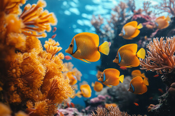 Aufkleber - A vibrant coral reef teeming with diverse marine life, including colorful fish, sea turtles, and intricate coral structures under clear blue waters,