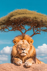 Aufkleber - A majestic lion resting under the shade of an acacia tree in the African wilderness, with a backdrop of a vast sky,