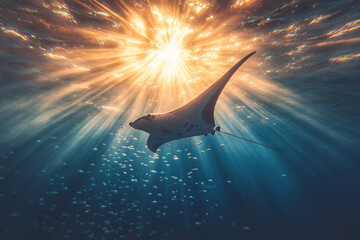 Aufkleber - A serene underwater scene with a graceful manta ray gliding through the open ocean, surrounded by schools of small fish,
