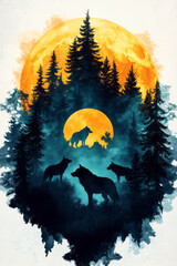 Poster - An artistic representation of a wolf pack navigating through a dense forest under the light of a full moon,