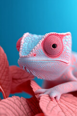 Poster - A detailed close-up of a chameleon changing its color on a leafy branch, showcasing its unique adaptive abilities,