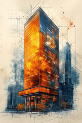 Poster - A detailed architectural sketch of a modern skyscraper, showcasing innovative design elements and structural lines,