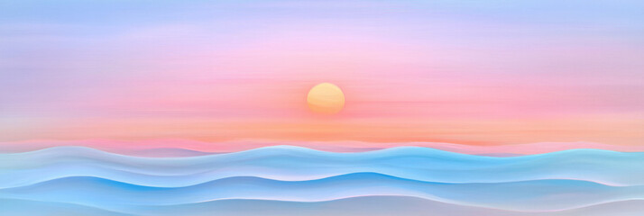 Aufkleber - A serene seascape painting capturing the gentle waves of the ocean under a pastel-colored sky during sunset,