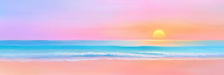 Wall Mural - A serene seascape painting capturing the gentle waves of the ocean under a pastel-colored sky during sunset,