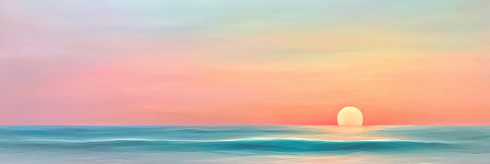 Aufkleber - A serene seascape painting capturing the gentle waves of the ocean under a pastel-colored sky during sunset,