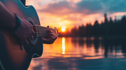 Poster - A serene scene of a person playing an acoustic guitar by a lakeside during sunset, emphasizing the tranquility and emotional connection to music,