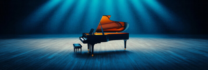 Poster - An elegant grand piano in a luxurious concert hall, with spotlight highlighting the instrument and the anticipation of a live recital,