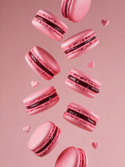 Wall Mural - Valentine's Day, A vibrant scene of pink macarons, a popular French dessert, suspended in mid-air against a soft pink background