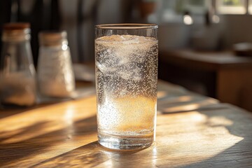 Poster - Refreshing cold drink in a glass with bubbles on a wooden table during bright sunlight