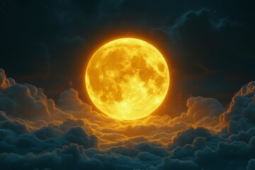 Wall Mural - Bright full moon illuminates a cloudy night sky over a serene landscape