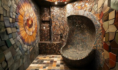 Poster - Mosaic tiled shower with radial design and seat.