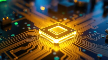 Poster - Close-Up of a Glowing Golden Computer Chip on a Circuit Board Wallpaper Background
