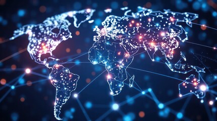 Poster - Digital Representation of Blue Glowing World Map with Network Connections Wallpaper Background