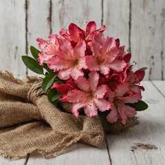 Wall Mural - A handpicked azalea bouquet tied with burlap and placed on a white wooden background.