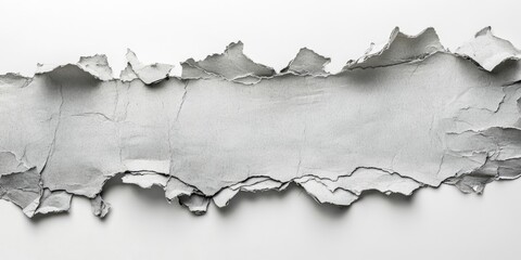 Wall Mural - Torn grey cardboard pieces with rough edges positioned horizontally on a white background creating a minimalist text box for design purposes