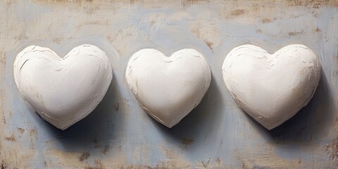 Poster - Three smooth white hearts positioned centrally on a textured light blue background, showcasing a modern minimalist aesthetic with subtle brush strokes.