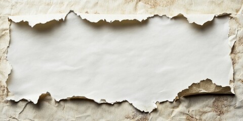 Canvas Print - Torn blank paper with uneven edges on a textured beige background creating an empty space for text centered horizontally in the image