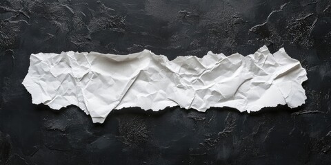 Wall Mural - Crumpled white torn paper strip positioned horizontally on a textured dark black surface with rough edges and subtle variations in tone