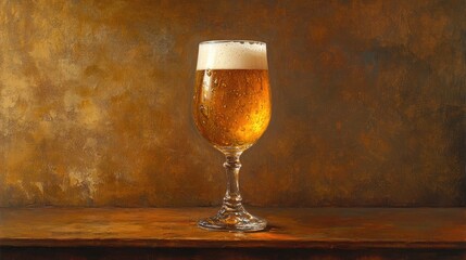 A frosty glass of golden beer with condensation, sitting on a wooden table, with soft natural light highlighting its rich color and inviting foam