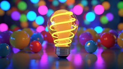 Poster - Glowing spiral lightbulb surrounded by colorful spheres.