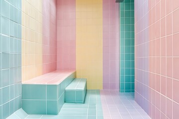 Wall Mural - Pastel tiled shower room with bench and seat.