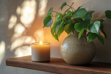 Poster - Warm ambiance created by candlelight and green plant on wooden table in cozy interior setting