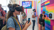 © Dexon Studios - A young woman uses a VR headset and smartphone, immersed in a colorful, vibrant environment. Others in the background also engage with tech.
