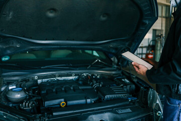 Aufkleber - A mechanic holding a tablet while inspecting a car engine in a workshop. The focus is on the integration of modern technology in vehicle diagnostics and repair