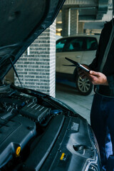 Aufkleber - Mechanic standing near an open car hood with a tablet, conducting vehicle diagnostics in a professional garage. Technology assisting in modern car maintenance and repair