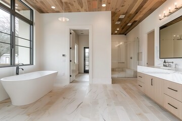 Poster - Bathroom interior design with a marble bathtub, light wood panel flooring, and a wooden accent ceiling for a spa-like vibe.