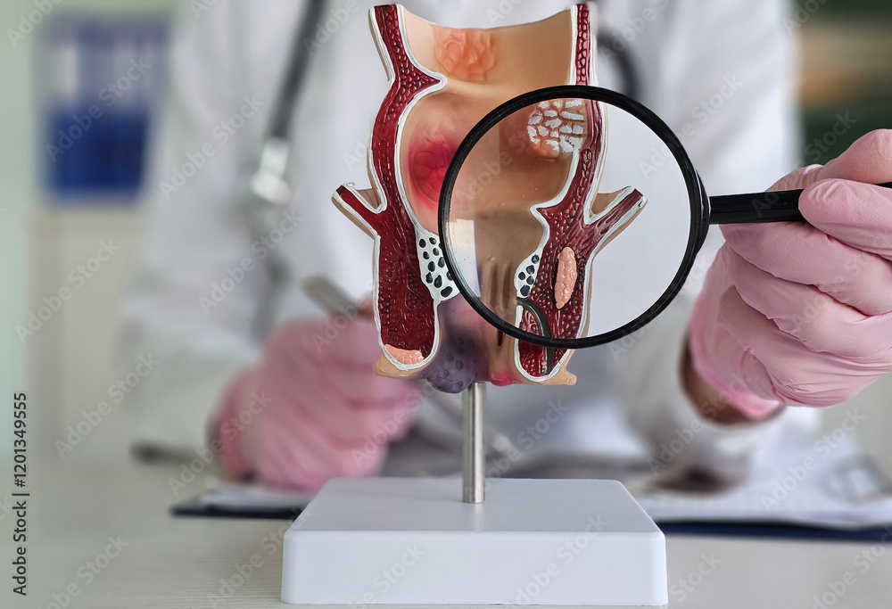 Proctologist holds magnifying glass and anatomical model of rectum with ...