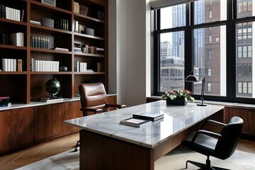 Aufkleber - office interior with a marble-top desk, dark wooden bookshelves, and large windows for natural light