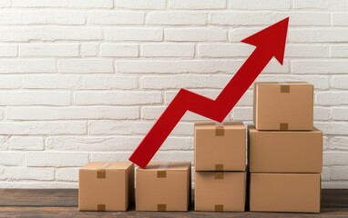Poster - A stack of cardboard boxes with an upward arrow, symbolizing growth and increasing success in shipping or e-commerce.