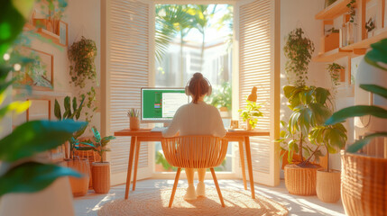 Poster - Woman Working Remotely in a Sunlit Home Office with Lush Greenery