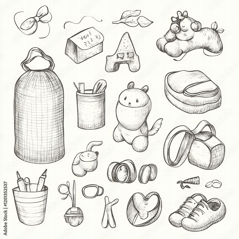 Various hand drawn illustrations of everyday objects and playful ...