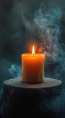 Poster - Warm candle flame emits gentle smoke at sunset over a rustic wooden table