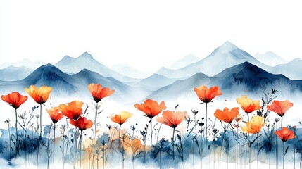 Sticker - Watercolor painting of orange poppies blooming in front of a hazy mountain range.