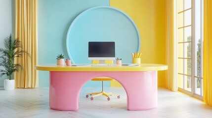 Poster - Pastel workspace with computer, desk, and plants.
