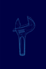 Poster - Blue wrench is shown in a stylized way. The wrench is the main focus of the image, and it is a 3D rendering of a tool