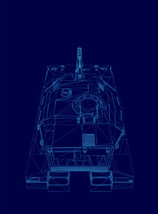 Poster - Blue drawing of a tank. The tank is shown in a 3D format, with a blue background. The tank is shown from the side, with the front of the tank visible