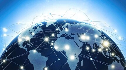 Poster - Blue-toned D rendering of a glowing digital globe with interconnected lines and dots, representing global network technology