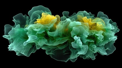 Poster - bright, colorful smoke clouds in green and yellow tones, swirling and mixing on a dark background fo