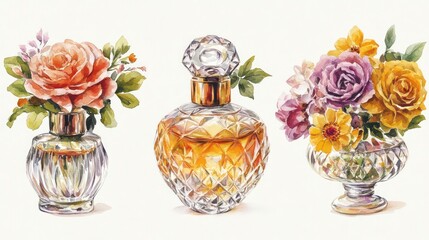 Poster - Elegant Watercolor Perfumes Adorned With Flowers Generative AI