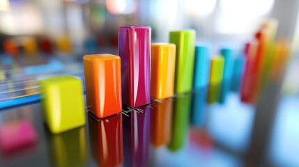 Poster - Close-up of a colorful D bar graph with varying heights on a sleek, reflective surface, showcasing growth and data visualization
