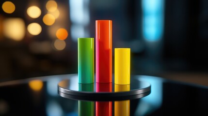 Poster - Close-up of a colorful D bar graph with varying heights on a sleek, reflective surface, showcasing growth and data visualization