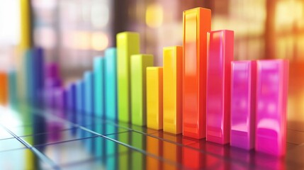 Poster - Close-up of a colorful D bar graph with varying heights on a sleek, reflective surface, showcasing growth and data visualization