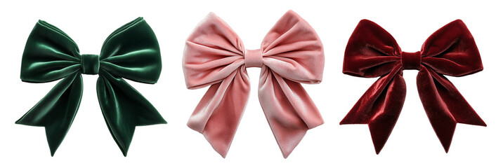Wall Mural - png cut out red, green, pink velvet ribbon bow isolated on empty transparent background top view. ch