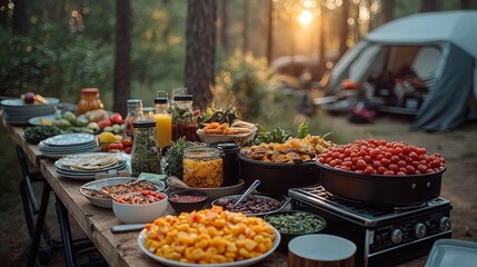 a campsite table equipped with a diverse array of cooking tools
