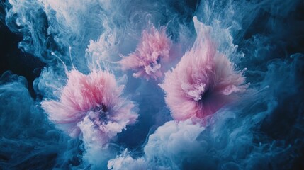 Poster - Colorful smoke in shades of pink and blue spreading across a dark background, creating a surreal and dreamy atmosphere