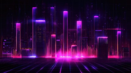 Poster - Digital bar graph with neon lights on a dark background, displaying a futuristic approach to financial data and analytics